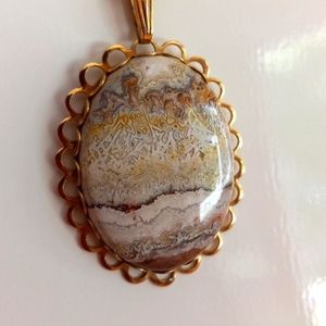 🏜 Vintage Lace Agate Quartz Oval Pendant on 18" Gold Metal Chain 🏜